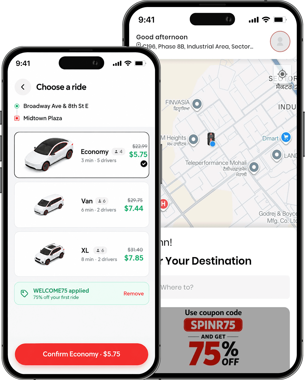 Spinr app showcase banner for a ride-hailing platform.