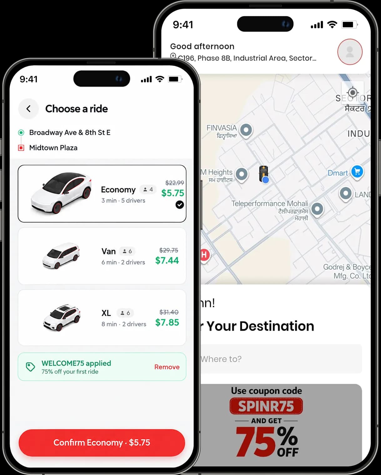 Spinr app showcase banner for a ride-hailing platform.