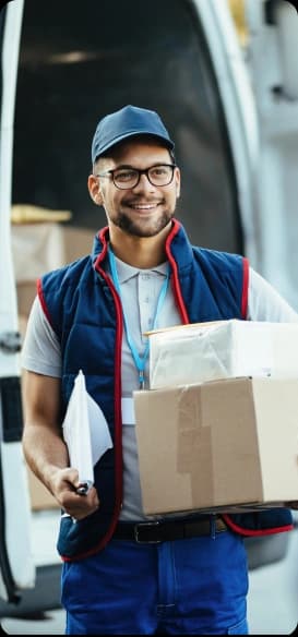 Delivery and courier app development banner featuring parcel tracking and logistics management.
