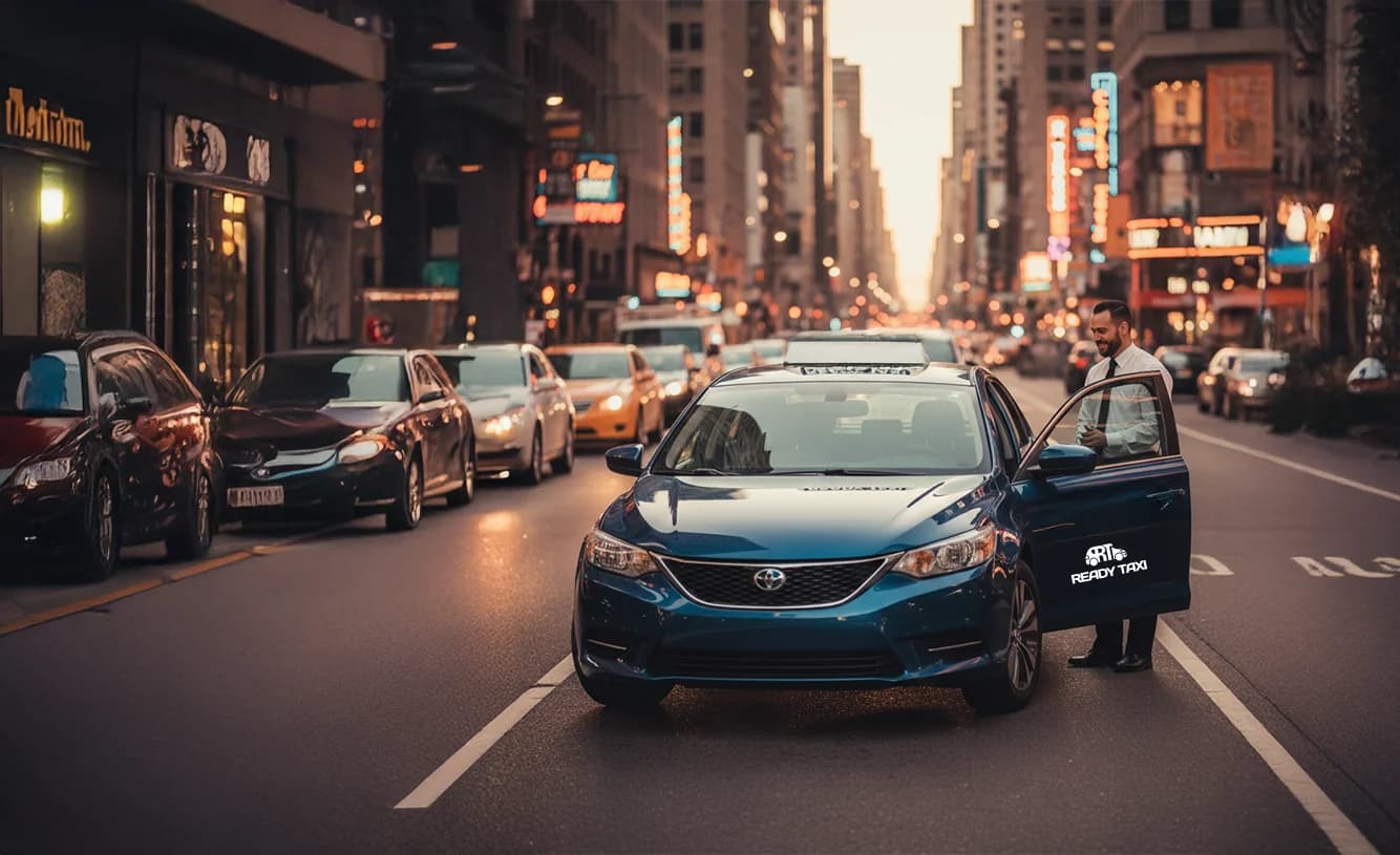 ReadyTaxi App banner promoting a ride-hailing and taxi booking service with driver tools and an easy admin panel for users.